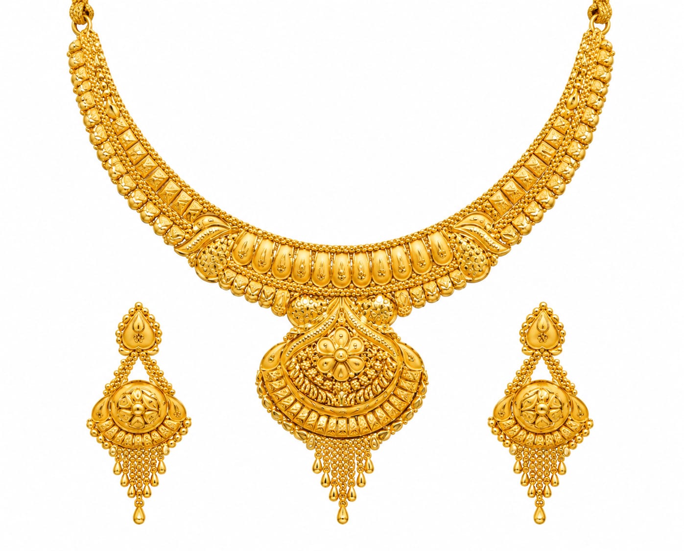 22K Hallmark Gold Traditional Designer Necklace Set with Matching Earrings