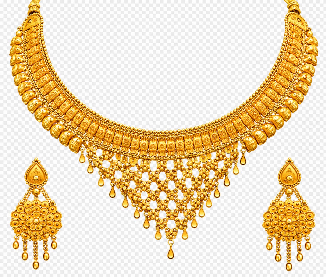 Traditional Gold Bridal Necklace Set with Floral Design Earrings