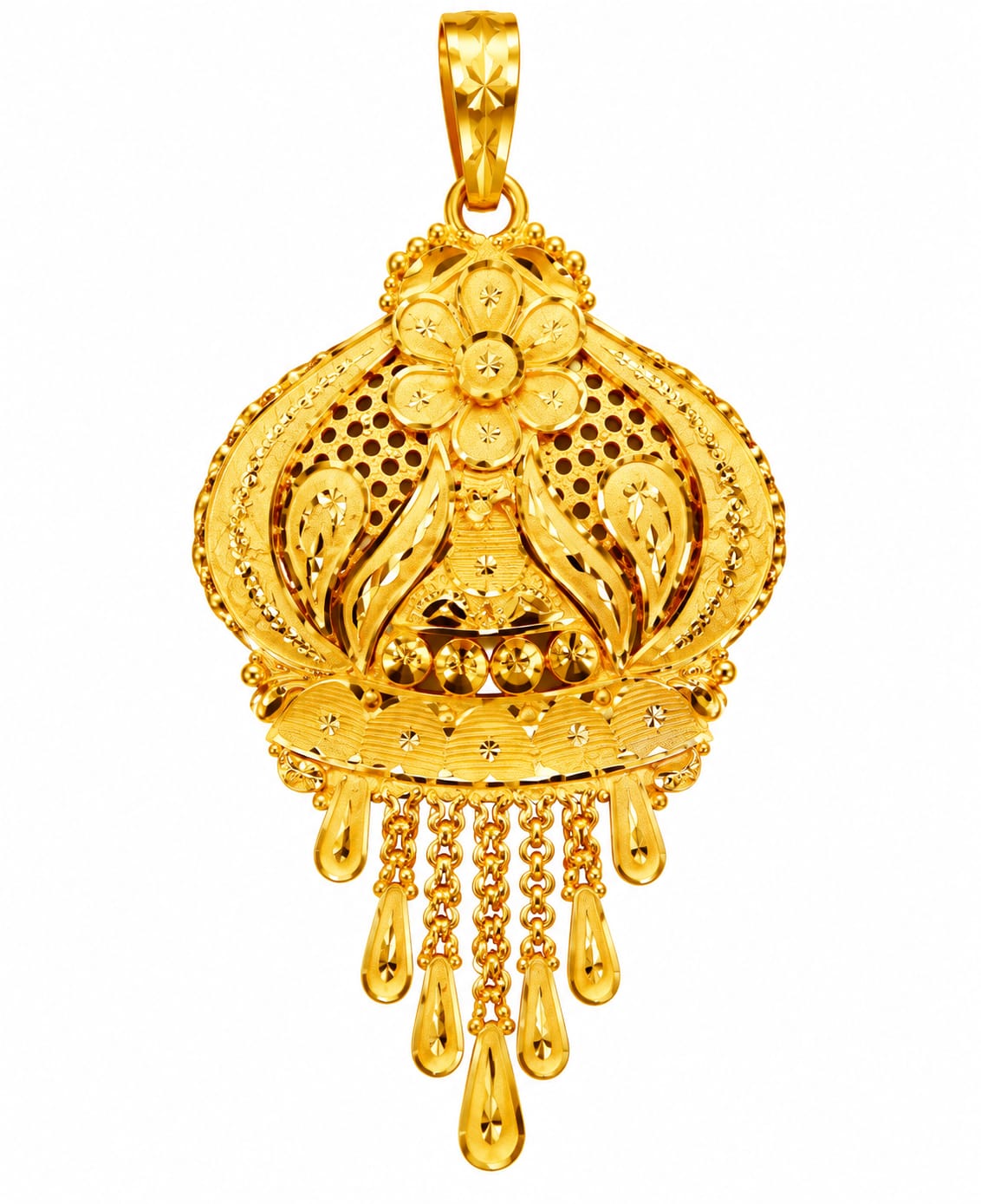 22K Gold Traditional Designer Pendant with Floral Filigree Work