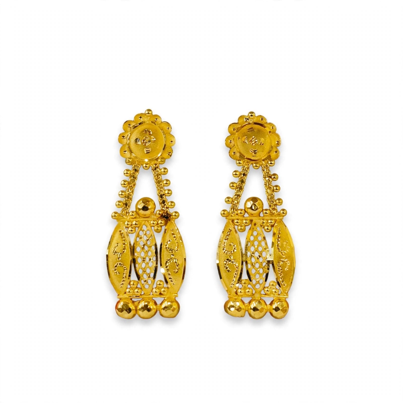 22kt Hallmarked Gold Earrings  | 3-Patti Jaal Design with Ball Drops