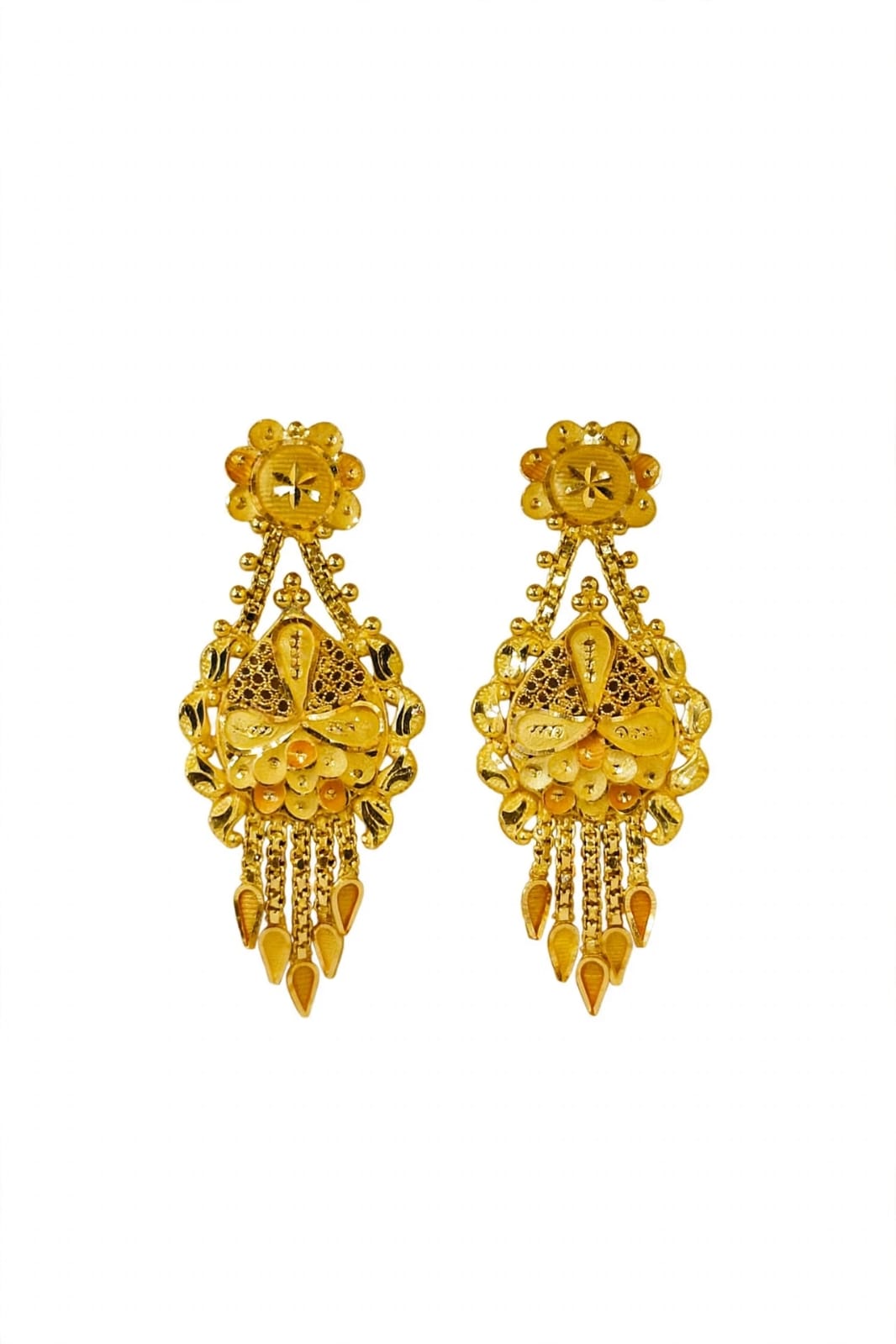 22kt Hallmarked Gold Earrings  | Floral Jaali Design with Drop Latkans
