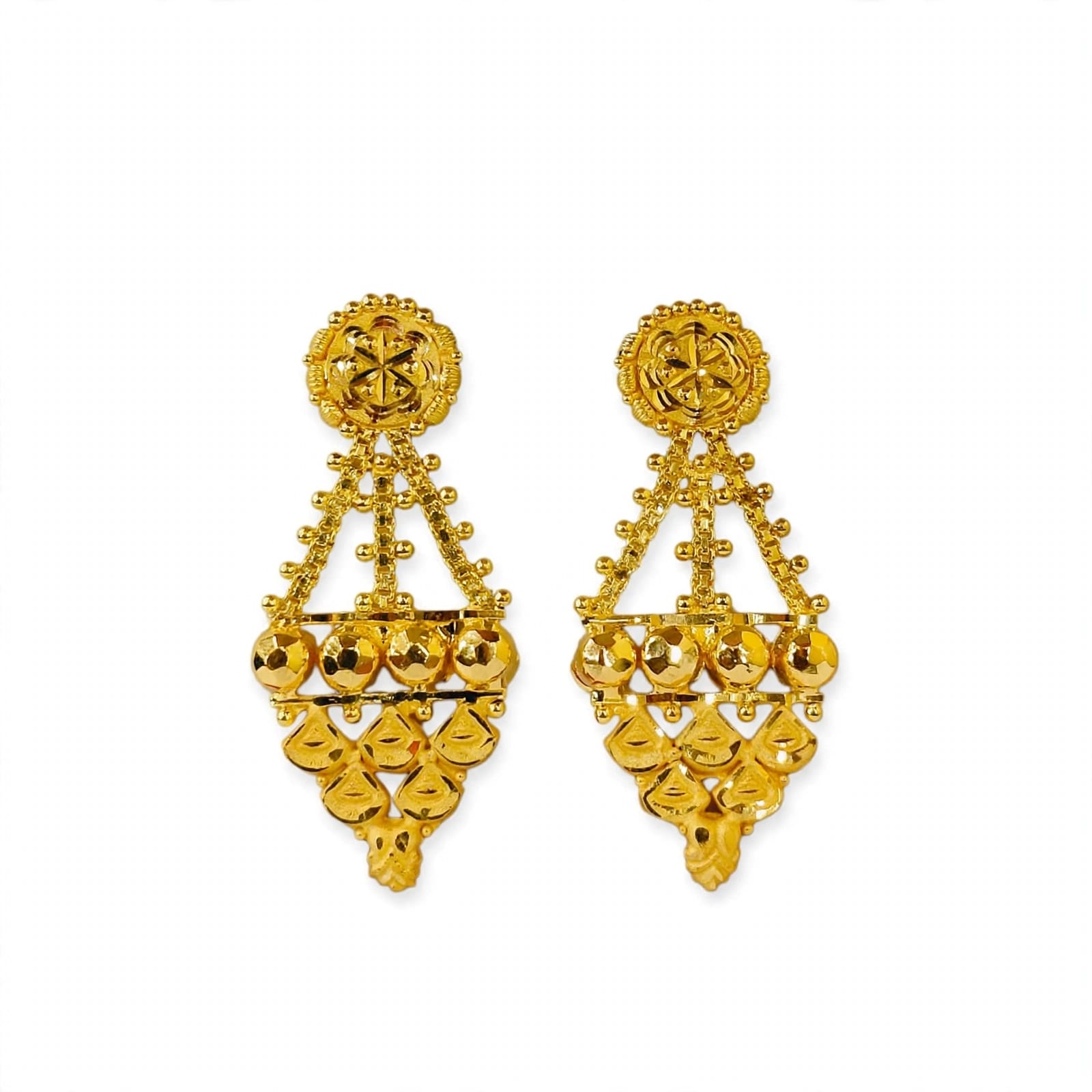 22kt Hallmarked Gold Earrings  | Traditional Triangle Design with Ball Drops |