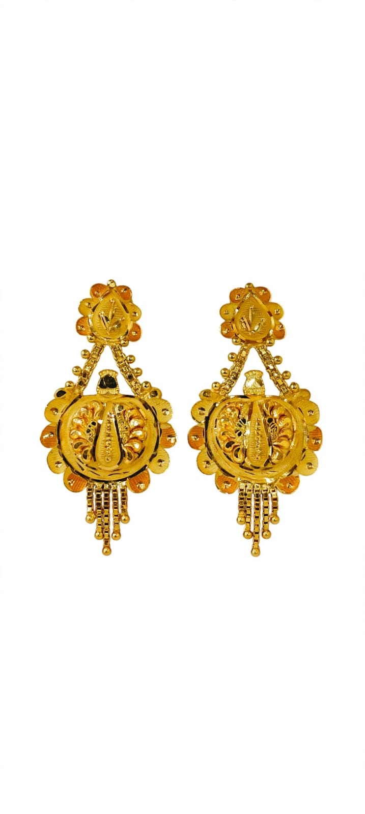 22kt Hallmarked Gold Earrings  | Round Jaali Design with Chain Latkan |