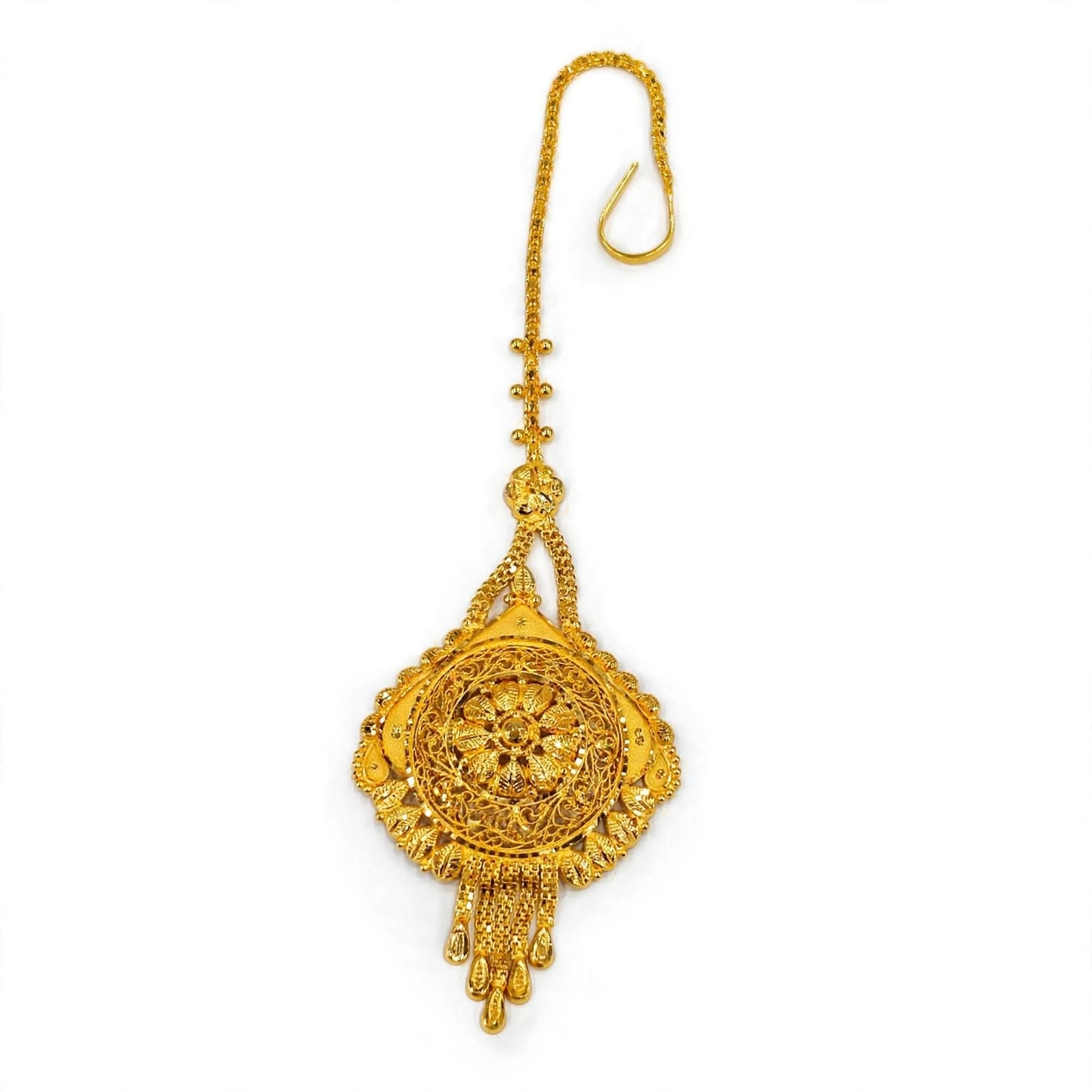 22ct Gold Mang Tika  Round Flower Jali Design with Double Chain