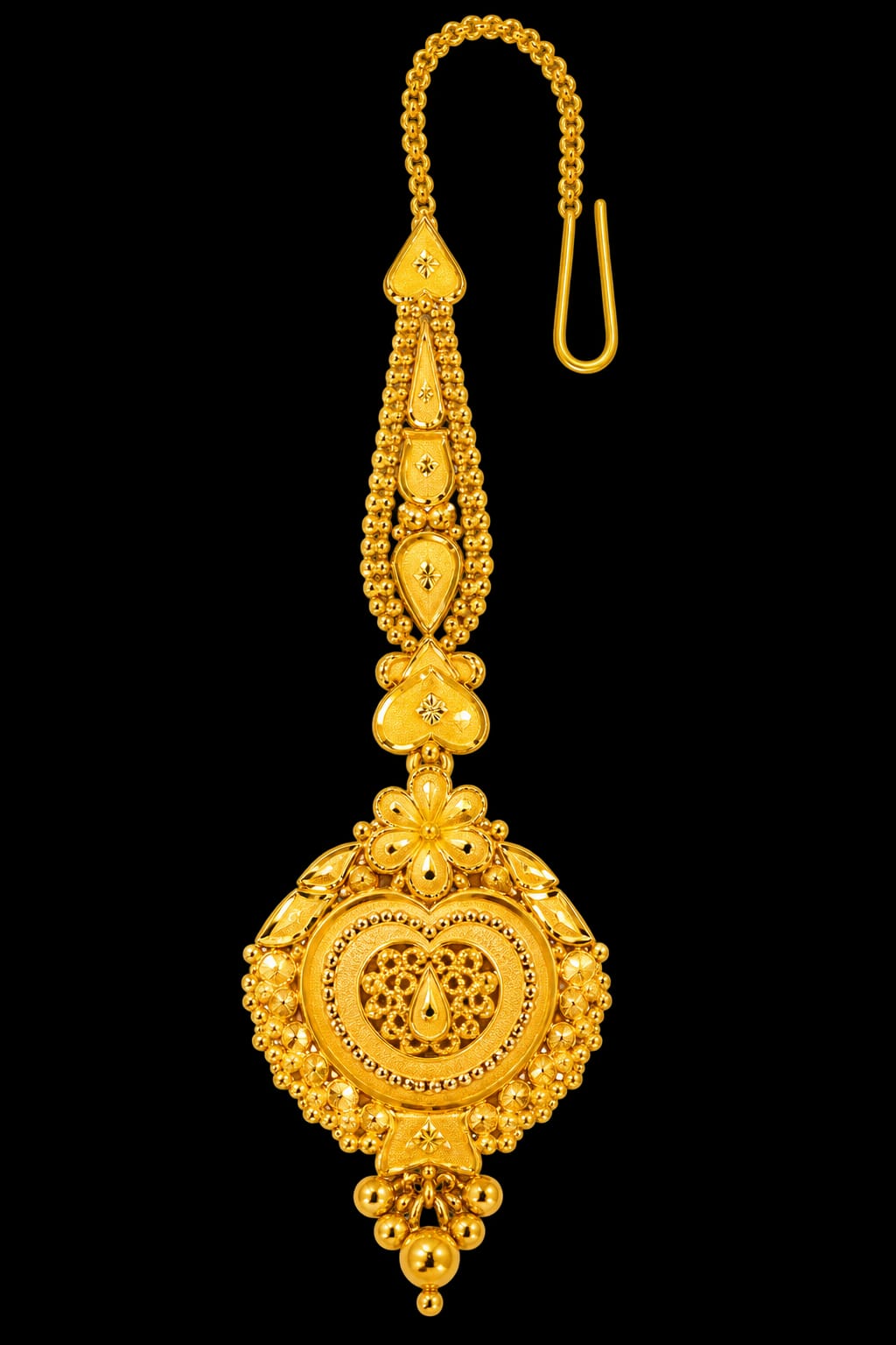 Elegant 22ct Gold Maang Tikka with Heart & Flower Motif –