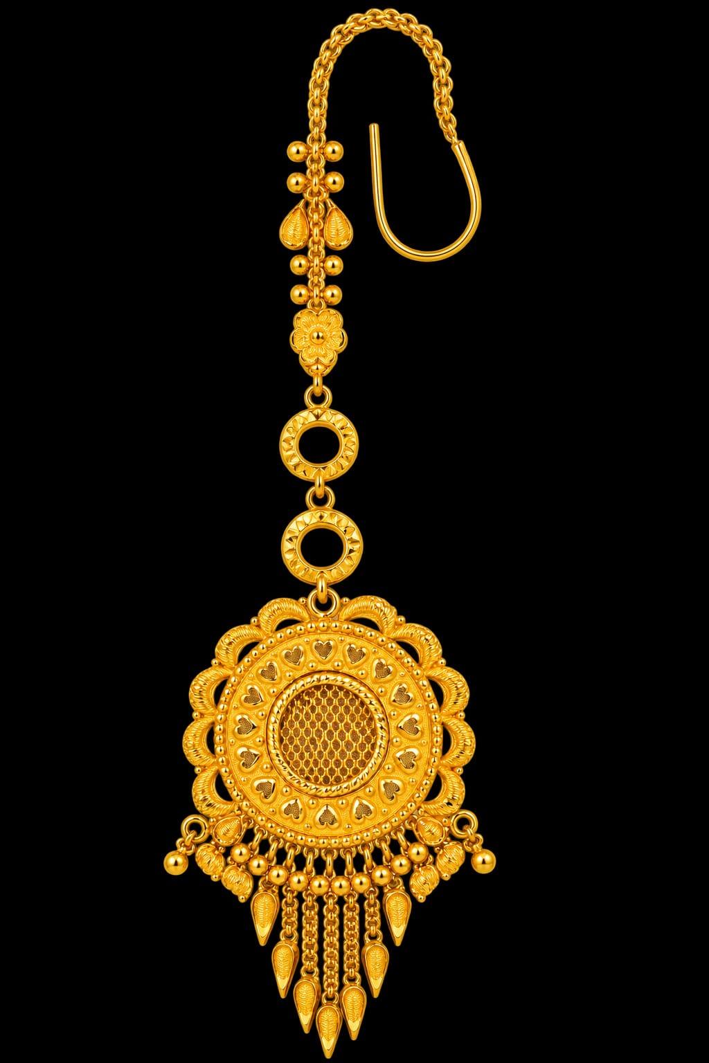 Royal 22ct Gold Maang Tikka with Intricate Mesh Center