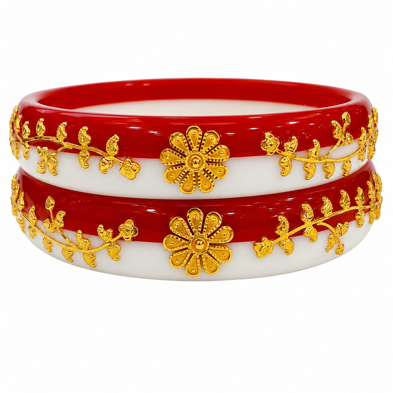 22ct Hallmark Gold Shakha Pola Bangles – Red & White Floral Designer Set