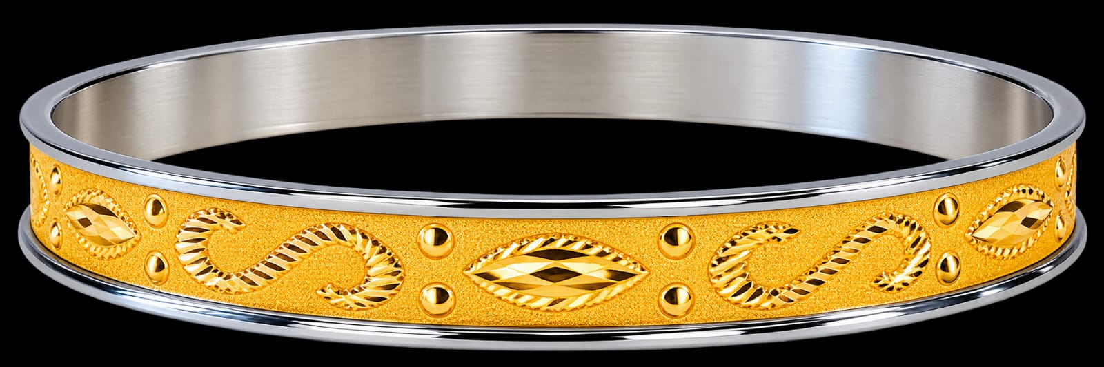 22ct Hallmark Gold Nova Designer Bangle – Two Tone Gold & Silver Leaf Design