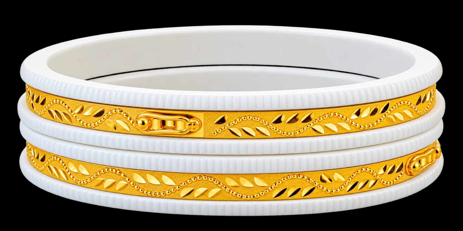 22ct Hallmark Gold Designer Shakha Bangles – White & Gold Leaf Pattern
