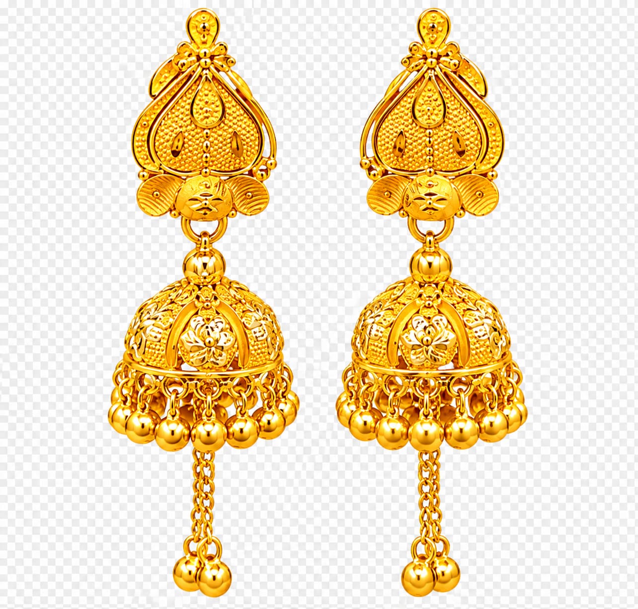 Title: Traditional 22K Gold Jhumka Earrings with Hanging Beads