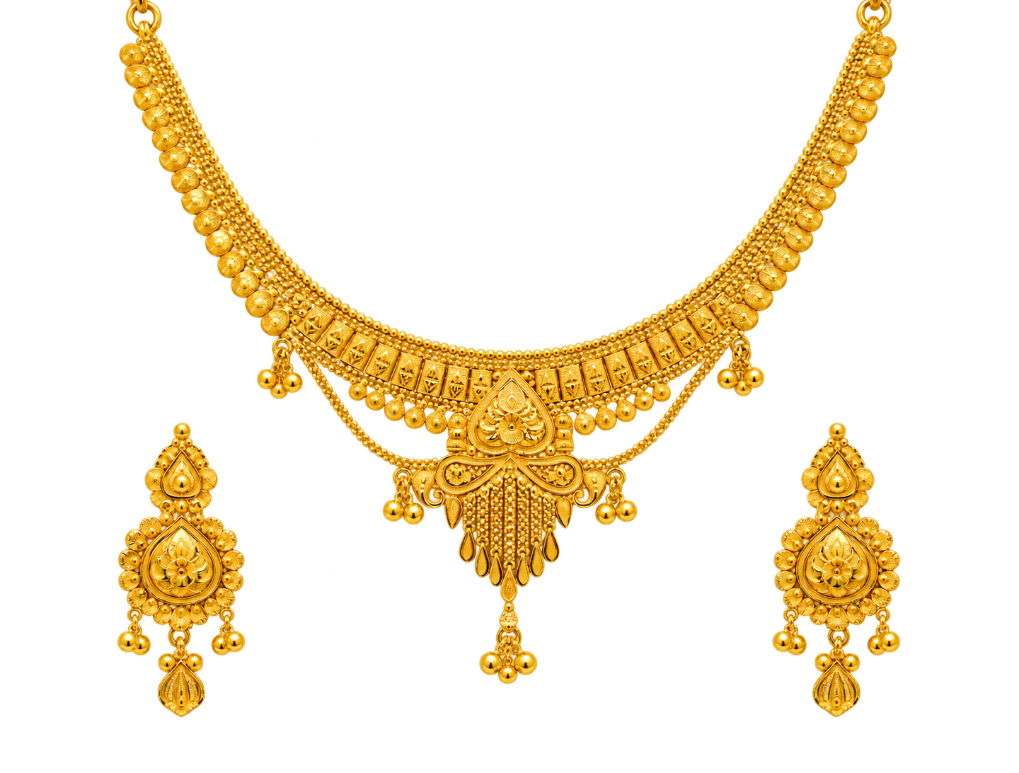 22ct Traditional Gold Necklace Set with Matching Earrings