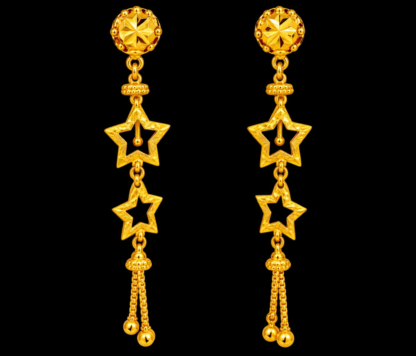 22ct Gold Star Design Long Drop Earrings