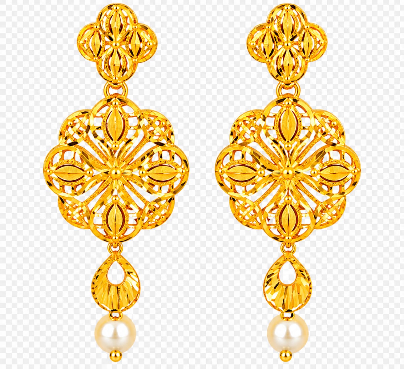 22ct Gold Designer Floral Drop Earrings with Pearl