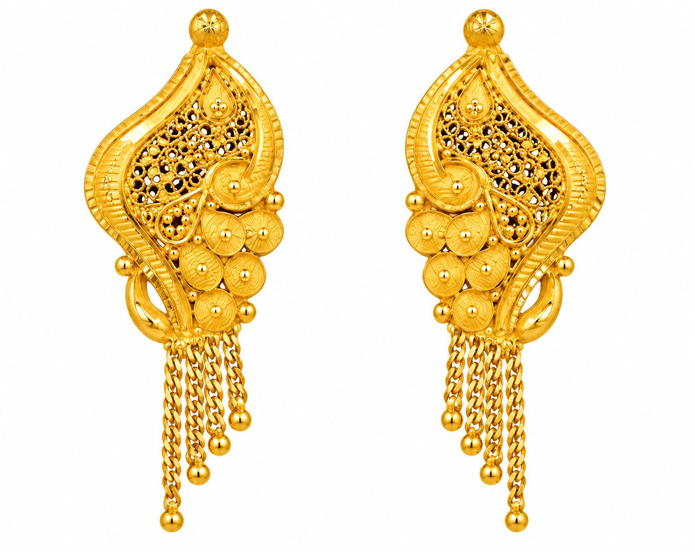 Traditional Gold Plated Filigree Jhumka Earrings with Chain Tassels