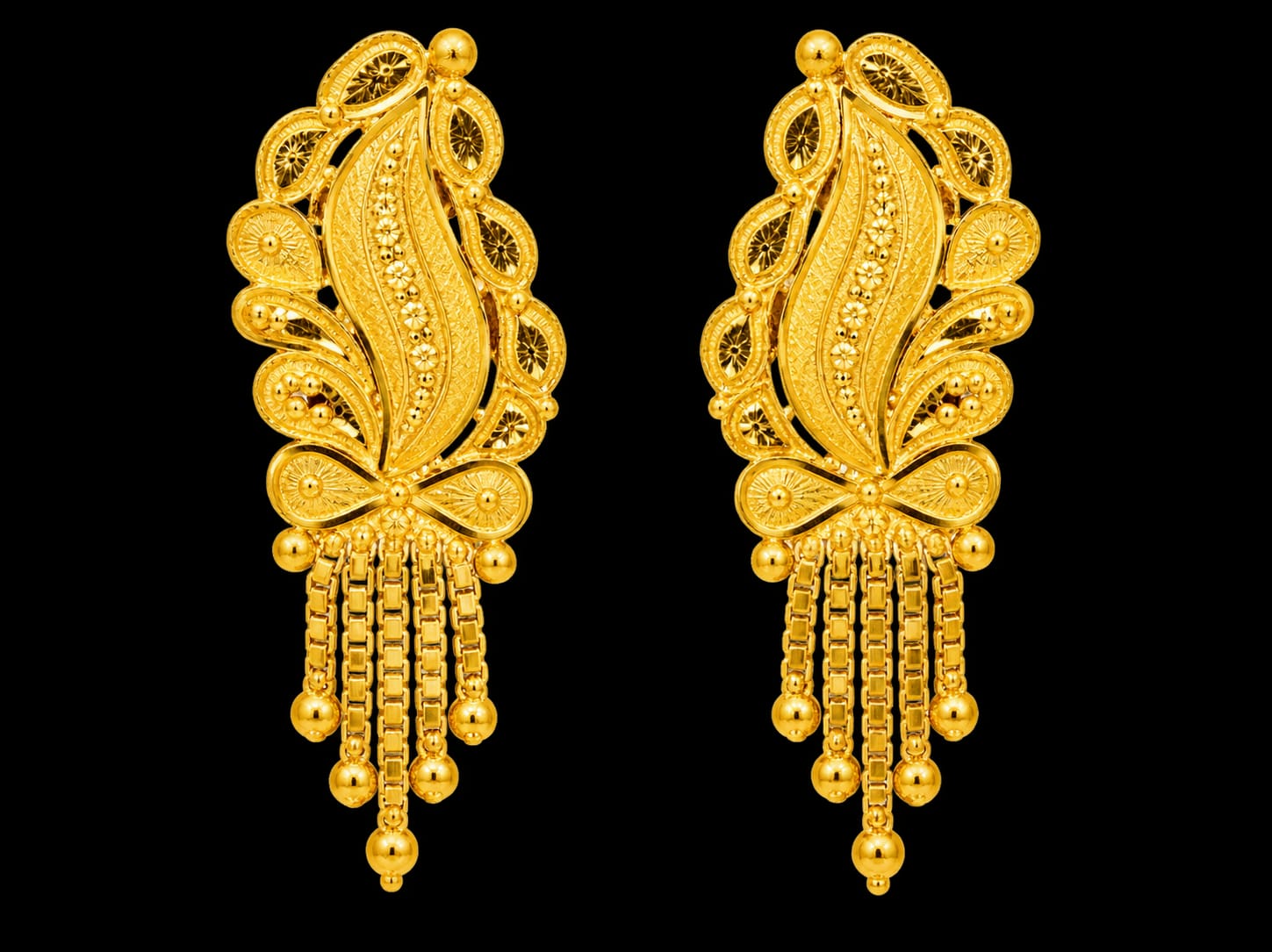 Traditional Gold Plated Designer Leaf Pattern  Earrings with Hanging Chains
