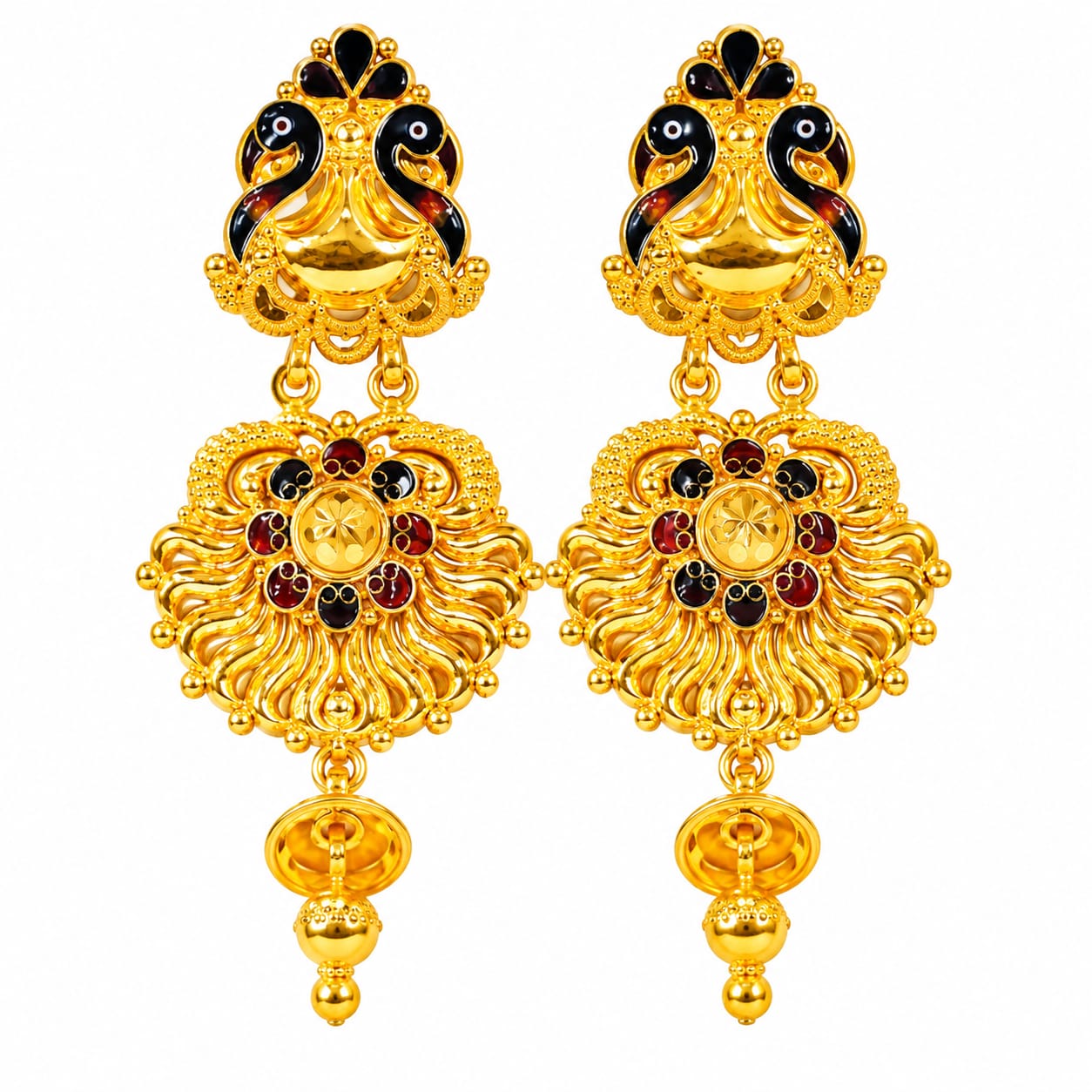 Traditional Gold Plated Peacock Design Kundan Earrings with Red and Black Meenakari Work